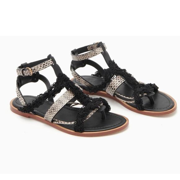 Ulla Johnson Shoes - ULLA JOHNSON Petra Sandals Raven 6/36 Flats Black Snake Print Strappy Macramé